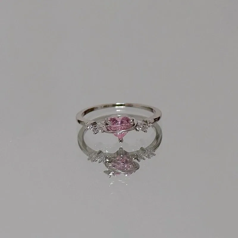 Y2K Style Sparkling Pink Zircon Bride Rings for Women Couples Korean Trendy Heart Star Geometric Wedding Party Jewelry