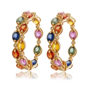 Yellow Gold Polish Finish Rainbow Sapphire Hoop Earrings