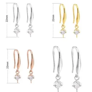 Zircon Flowers Clip Earrings Hook Setting Base Sterling Silver Rose White Gold Fine 925 22 mm For One Pearl No Prongs DIY Jewelry Wholesale