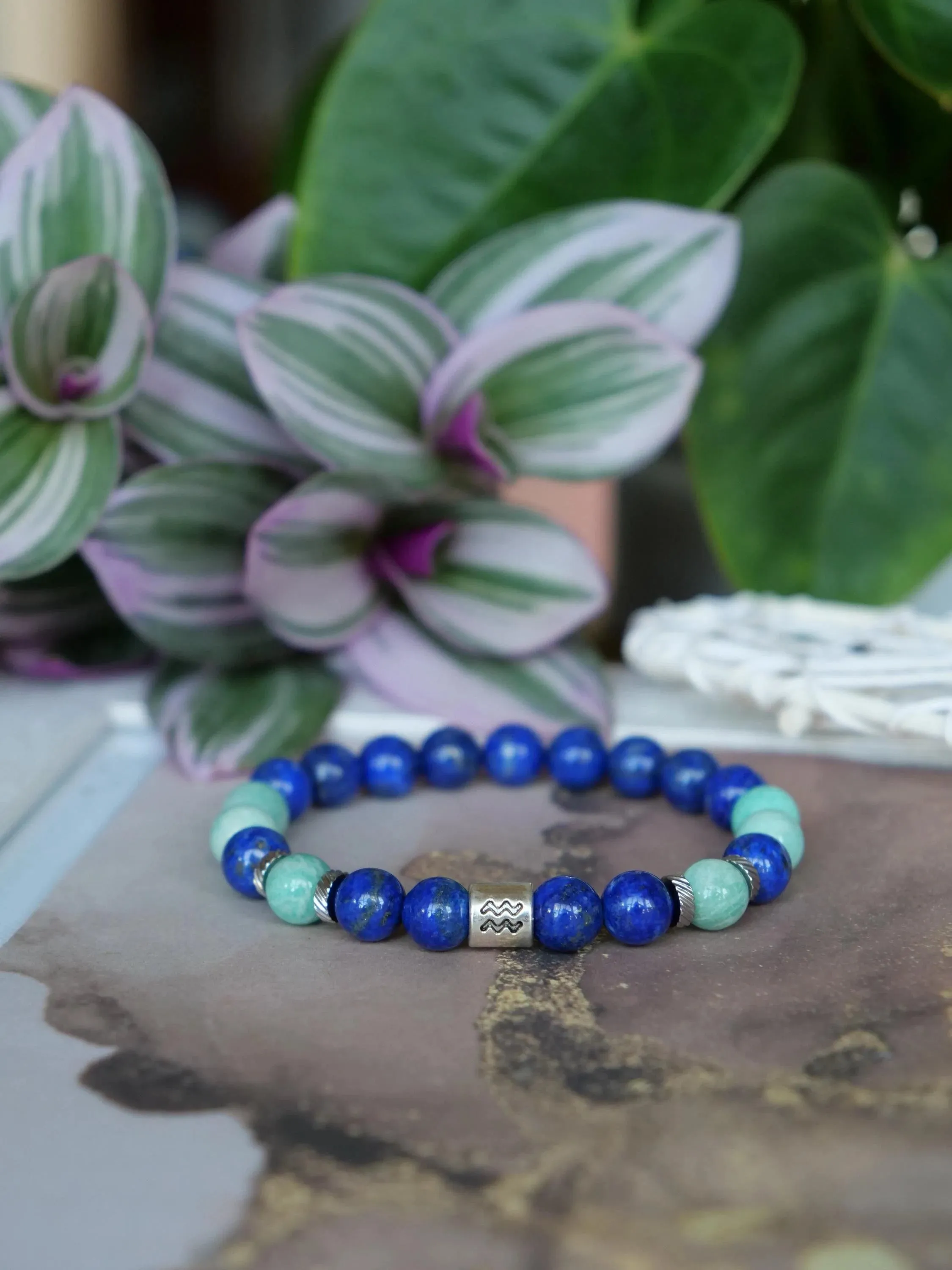 Zodiac Lapis Lazuli Amazonite 8mm Beaded Natural Gemstone Elastic Bracelet, Genuine Top Grade Jewelry, Men Women Fashion Jewellery